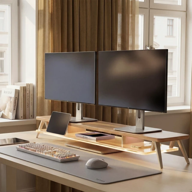 Alt view image 2 of 5 - Fenge Dual Monitor Stand Riser with Phone & Tablet Slot, Dark Oak