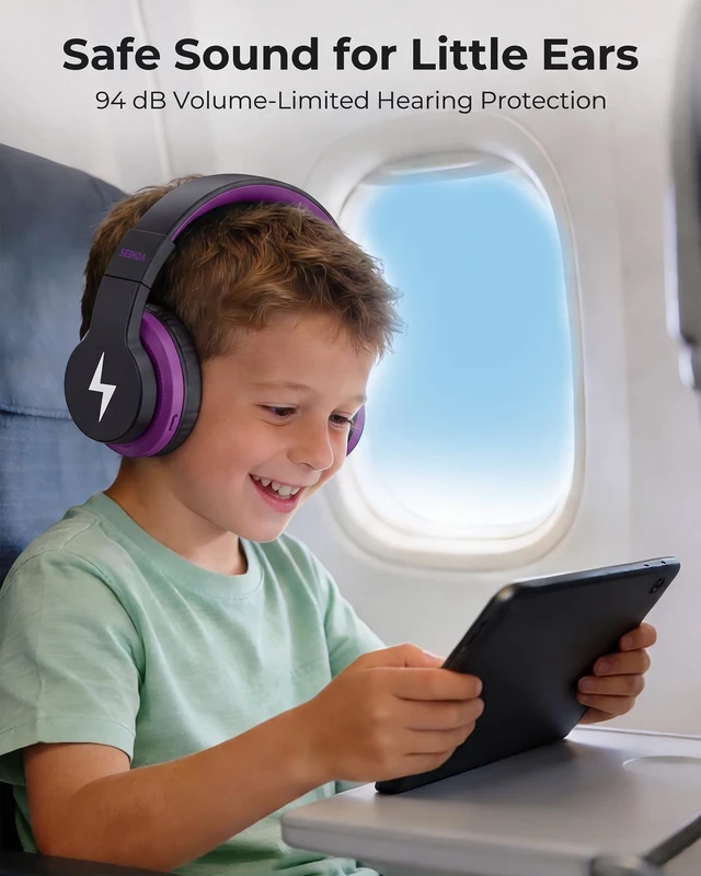 Alt view image 3 of 5 - seenda JCH-01 Kids Bluetooth Headphones, 85/94dB, 3 RGB Modes,Black&Purple