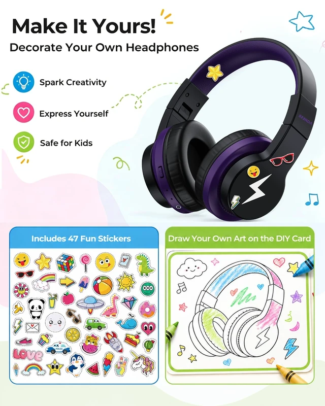 Alt view image 2 of 5 - seenda JCH-01 Kids Bluetooth Headphones, 85/94dB, 3 RGB Modes,Black&Purple