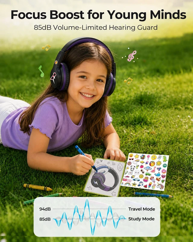 Alt view image 4 of 5 - seenda JCH-01 Kids Bluetooth Headphones, 85/94dB, 3 RGB Modes,Black&Purple