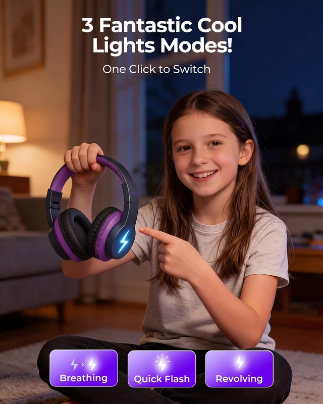 Alt view image 5 of 5 - seenda JCH-01 Kids Bluetooth Headphones, 85/94dB, 3 RGB Modes,Black&Purple