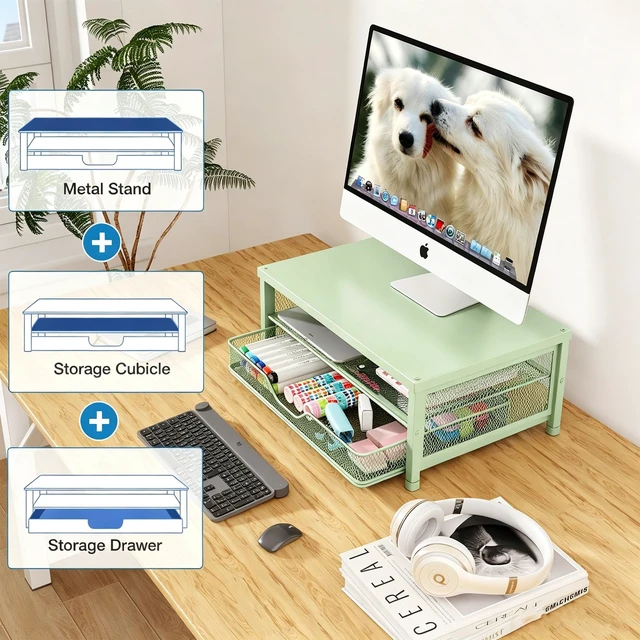 Alt view image 4 of 5 - OPNICE Computer Monitor Stand Riser, Desk Organizer with Drawer, Printer & Laptop Stand, Office Desk Accessories & Workspace Desktop Organizers Storage for Office Supplies(Green)