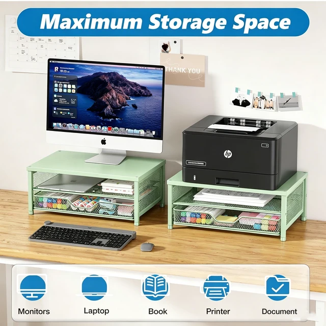 Alt view image 3 of 5 - OPNICE Computer Monitor Stand Riser, Desk Organizer with Drawer, Printer & Laptop Stand, Office Desk Accessories & Workspace Desktop Organizers Storage for Office Supplies(Green)