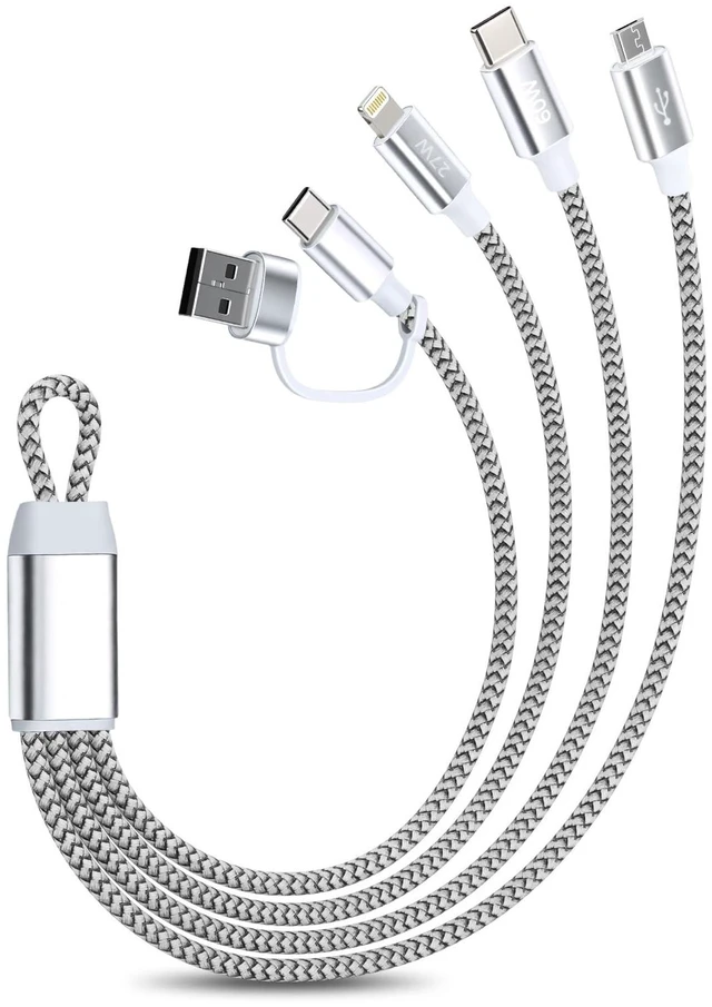 Main image of aceyoon 3 in 2 Multi Charging Cable, 0.11FT Short 100W Fast Charge Cord Multi Device Charger Cable USB A Type C to Lightning Micro USB USB C for iPhone 15 Galaxy Nylon Braided Silver Lanyard Design