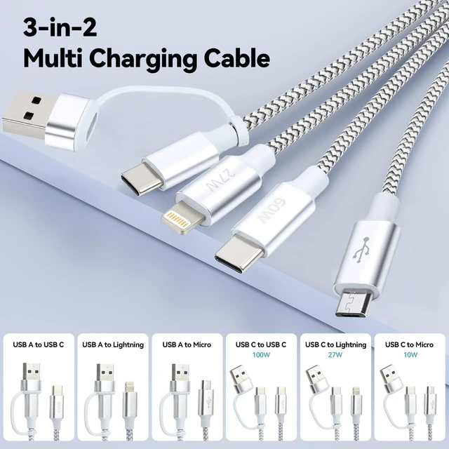Alt view image 2 of 5 - aceyoon 3 in 2 Multi Charging Cable, 0.11FT Short 100W Fast Charge Cord Multi Device Charger Cable USB A Type C to Lightning Micro USB USB C for iPhone 15 Galaxy Nylon Braided Silver Lanyard Design