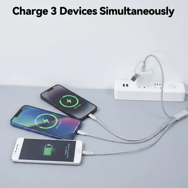 Alt view image 3 of 5 - aceyoon 3 in 2 Multi Charging Cable, 0.11FT Short 100W Fast Charge Cord Multi Device Charger Cable USB A Type C to Lightning Micro USB USB C for iPhone 15 Galaxy Nylon Braided Silver Lanyard Design