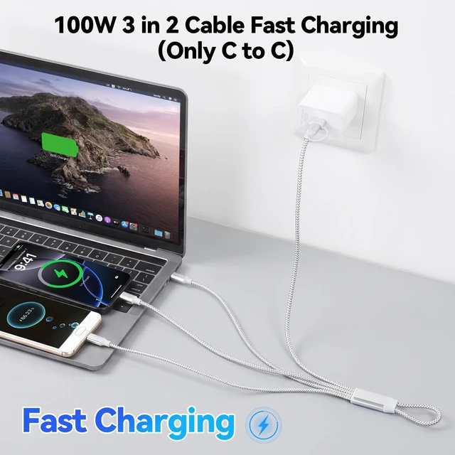 Alt view image 4 of 5 - aceyoon 3 in 2 Multi Charging Cable, 0.11FT Short 100W Fast Charge Cord Multi Device Charger Cable USB A Type C to Lightning Micro USB USB C for iPhone 15 Galaxy Nylon Braided Silver Lanyard Design