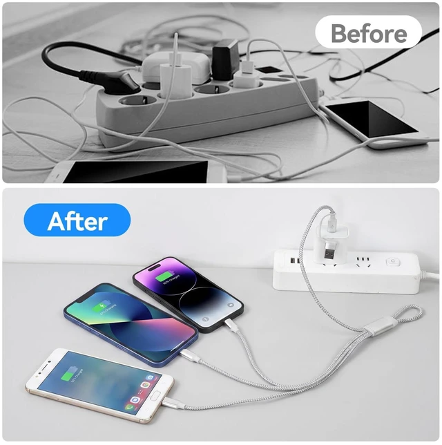Alt view image 5 of 5 - aceyoon 3 in 2 Multi Charging Cable, 0.11FT Short 100W Fast Charge Cord Multi Device Charger Cable USB A Type C to Lightning Micro USB USB C for iPhone 15 Galaxy Nylon Braided Silver Lanyard Design
