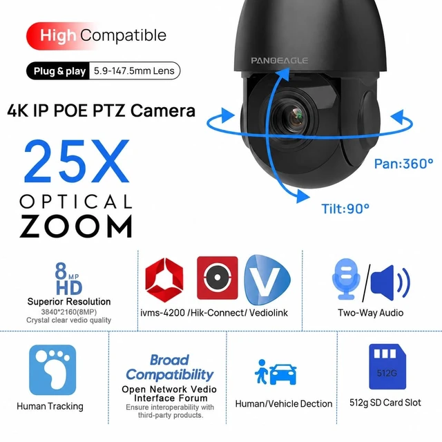 Alt view image 2 of 5 - PANOEAGLE 4K 8MP PTZ PoE IP Camera Outdoor with 25X Optical Zoom