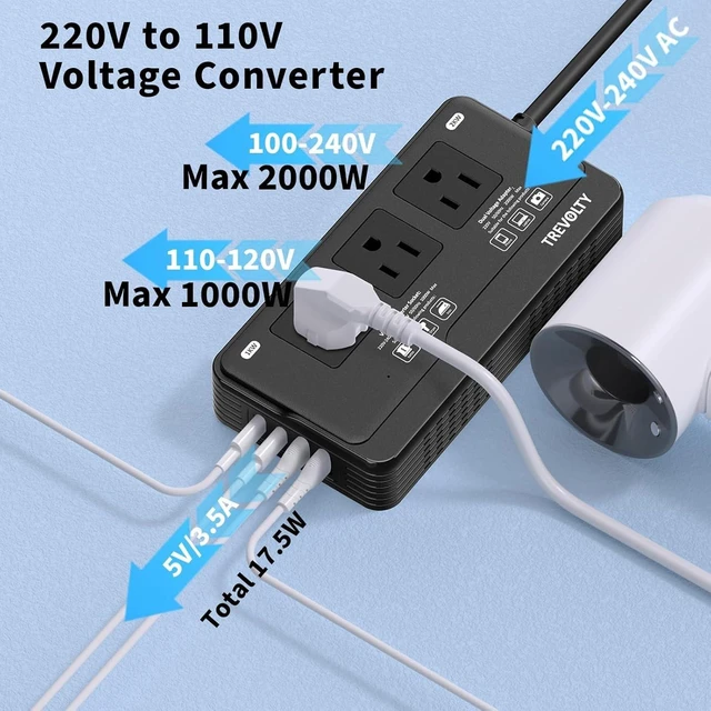Alt view image 4 of 5 - 2000W Voltage Converter US to Europe for Hair Dryers, 7-in-1 220V to 110V Converter for European Travel with 3 AC/2 USBA/2 USBC Ports, Power Converter Adapter Combo with Type I/L/C/G Plugs