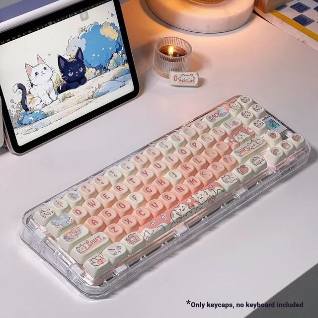 Alt view image 3 of 5 - Pink Cute Keycaps, PBT MOA Profile, Anime Cat Anime Keycap Set Creamy