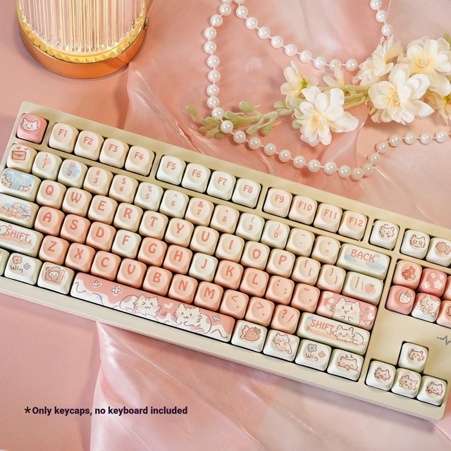 Alt view image 5 of 5 - Pink Cute Keycaps, PBT MOA Profile, Anime Cat Anime Keycap Set Creamy