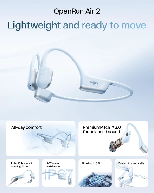 Alt view image 2 of 5 - SHOKZ OpenRun Air 2 Bone Conduction Open-Ear Bluetooth HeadphonesBlue