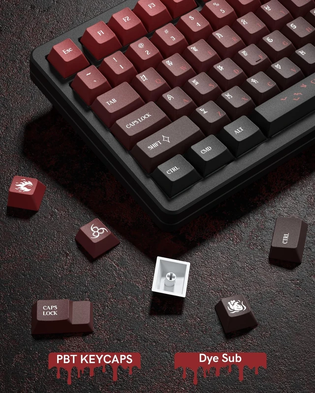 Alt view image 3 of 5 - Womier PBT Keycaps with 134 Keys, Cool Custom Keyboard Caps 60 75 65 100 Percent, Cherry Profile Dye Sublimation PBT Keycap Set for Full Size Mechanical Gaming Keyboard, Black Red Blood Theme