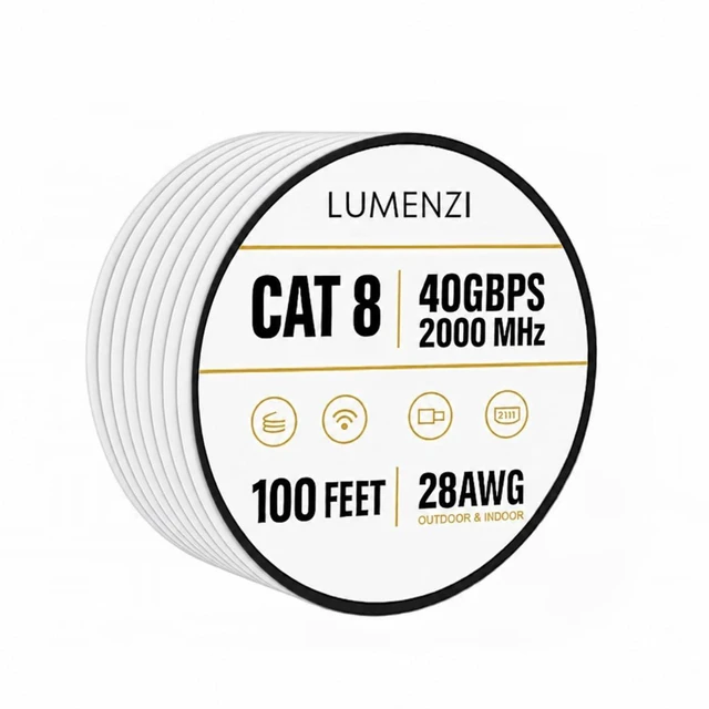 Main image of Lumenzi Cat8 Flat Ethernet Cable 100ft, 1 Pc Pack, 40Gbps 2000MHz Network Patch Cord, S/FTP Shielded LAN Cable, ETL Listed, RoHS Compliant, with RJ45 Connectors for Gaming, Router, Modem & Laptop