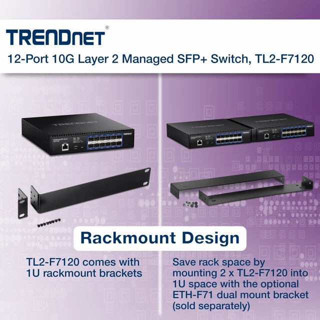 Alt view image 2 of 5 - TRENDnet 12-Port 10G Layer 2 Managed SFP+ Switch, TL2-F7120, 12 x 10G SFP+ Ports, 240Gbps, Ethernet Splitter, NDAA & TAA Compliant, Lifetime Protection, Black