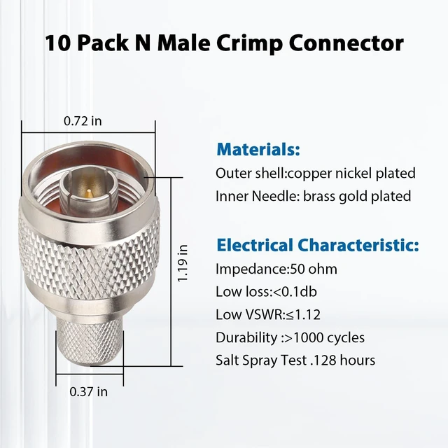 Alt view image 4 of 5 - MOOKEERF N Male Crimp Connector 50 ohm N Male Plug Crimp Coax Connector Adapter for LMR400 RG8 RG8U RG213 Cable (Pack of 10)
