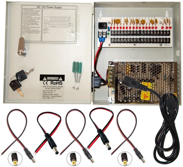 Main image of Evertech 16 Channel 12 Volt DC Output CCTV Distributed Power Supply Box for Security Camera with 18 Pcs. DC Male Pigtail