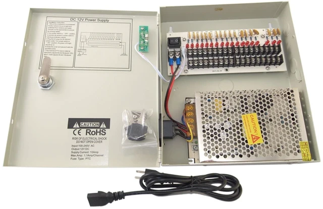 Alt view image 5 of 5 - Evertech 16 Channel 12 Volt DC Output CCTV Distributed Power Supply Box for Security Camera with 18 Pcs. DC Male Pigtail