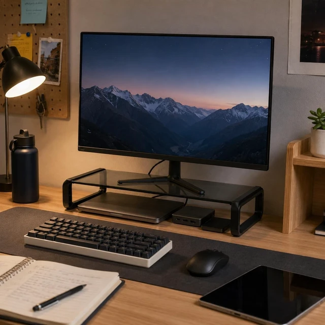 Alt view image 2 of 5 - JKBSaoLM Monitor Stand Riser Smoke Gray Glass Top, Keyboard Storage