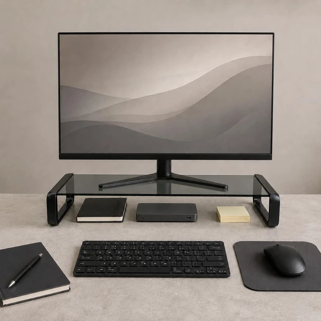 Main image of JKBSaoLM Monitor Stand Riser Smoke Gray Glass Top, Keyboard Storage