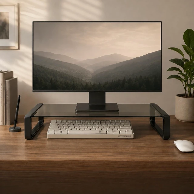 Alt view image 3 of 5 - JKBSaoLM Monitor Stand Riser Smoke Gray Glass Top, Keyboard Storage