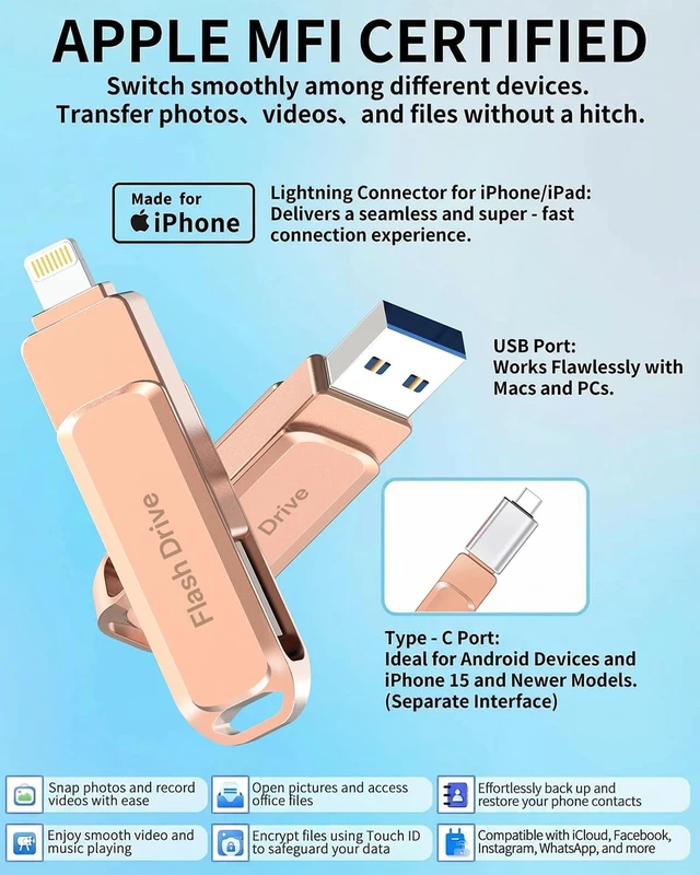 Alt view image 2 of 5 - MFi Certified 256GB Flash Drive Photo Stick for iPhone, External Memory Photo Keeper Storage for Data Saver/Backup/Transfer Files/Picture/Video/iPhone/iPad/iOS/Android/PC (Pink)Available Space: ~244GB