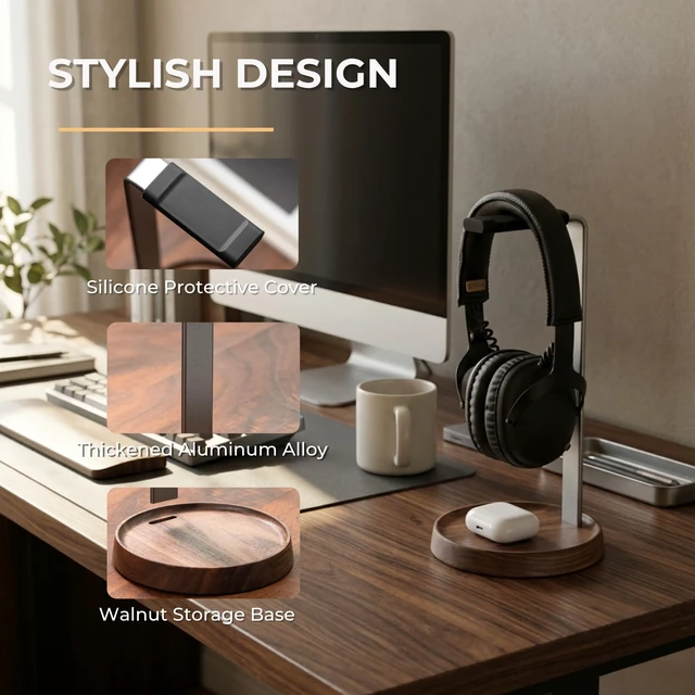 Alt view image 3 of 5 - muso wood Walnut Desktop Headphone Stand with Storage Base