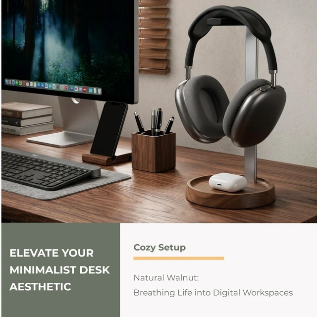 Alt view image 2 of 5 - muso wood Walnut Desktop Headphone Stand with Storage Base