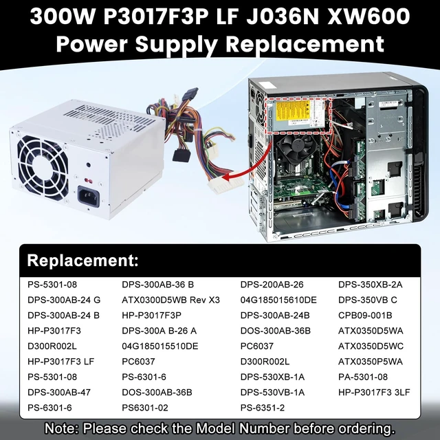 Alt view image 2 of 5 - Upgraded 300W P3017F3P LF J036N XW600 Power Supply Replacement for Dell Vostro, Studio Precision Series Mini Towers Systems PS-5301-08, D300R002L PS-6301-6 DPS-300AB-24 DPS-300AB-24 G Power Supply