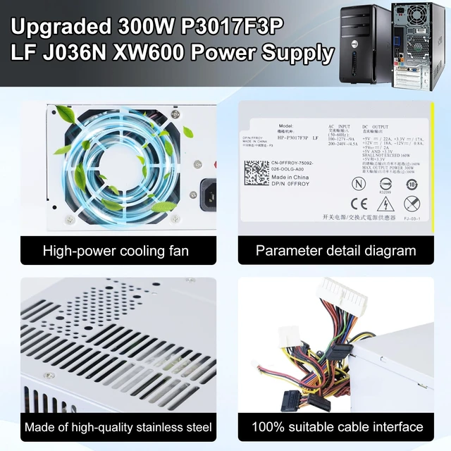 Alt view image 5 of 5 - Upgraded 300W P3017F3P LF J036N XW600 Power Supply Replacement for Dell Vostro, Studio Precision Series Mini Towers Systems PS-5301-08, D300R002L PS-6301-6 DPS-300AB-24 DPS-300AB-24 G Power Supply
