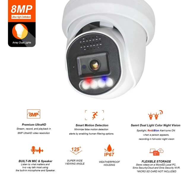 Alt view image 4 of 5 - SINIS 4K PoE Security IP Camera with Strobe Red&Blue Light and Audio Alarm