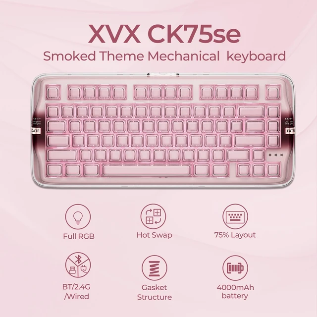 Alt view image 2 of 5 - XVX x CoolKiller CK75 SE 75% Tri-Mode Mechanical Keyboard, Gasket Mount Hot-Swap Linear Switch, Crystal Jelly Transparent Keyboard with Full RGB for Gaming and Office-Pink