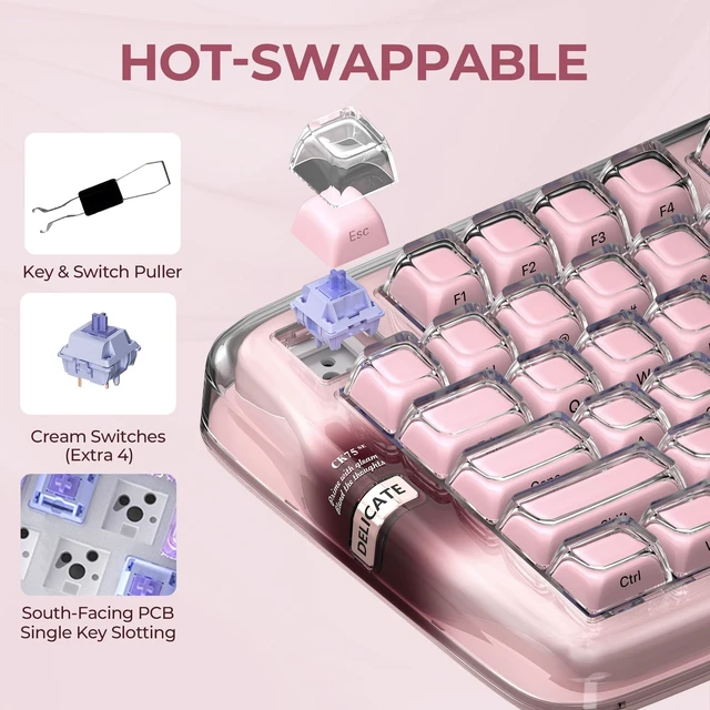 Alt view image 5 of 5 - XVX x CoolKiller CK75 SE 75% Tri-Mode Mechanical Keyboard, Gasket Mount Hot-Swap Linear Switch, Crystal Jelly Transparent Keyboard with Full RGB for Gaming and Office-Pink