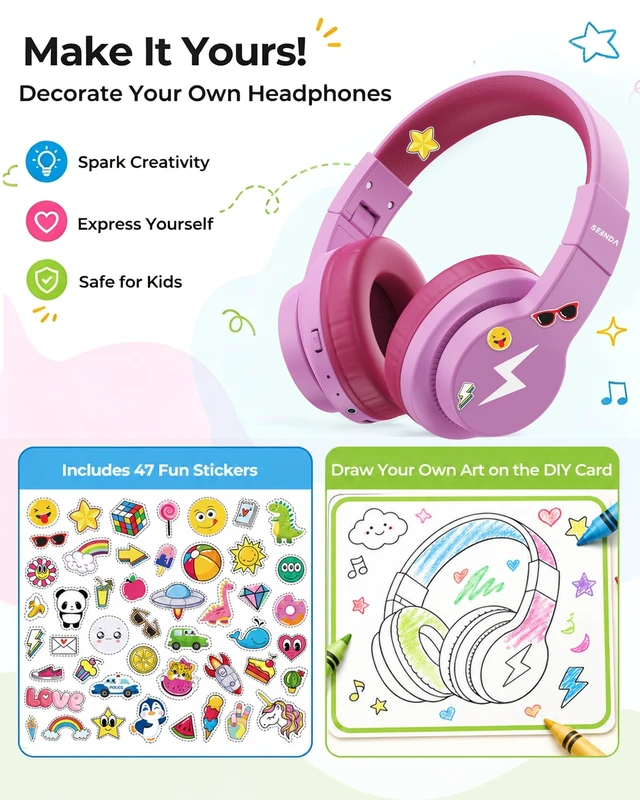 Alt view image 2 of 5 - seenda JCH-01 Kids Bluetooth Headphones, 85/94dB, 3 Light Modes,Pink