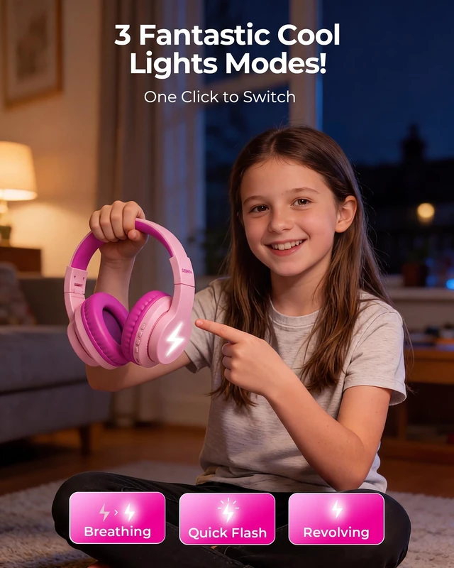 Alt view image 5 of 5 - seenda JCH-01 Kids Bluetooth Headphones, 85/94dB, 3 Light Modes,Pink