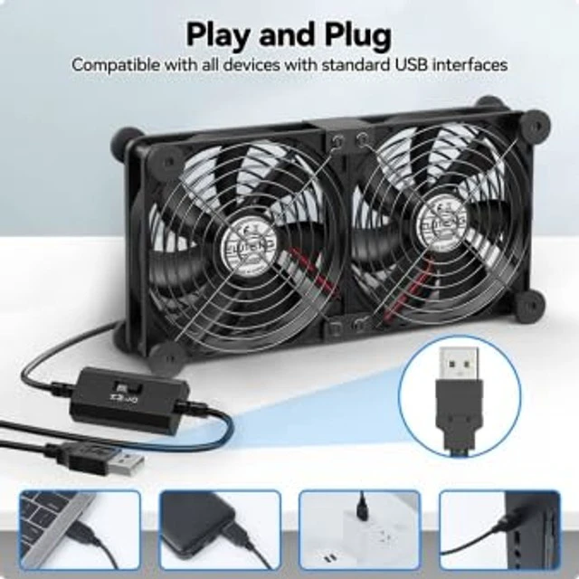 Alt view image 2 of 5 - ELUTENG 140mm Dual USB Computer Fan with Temperature Controller Flow VR Blower for 3 Speed Control Max 1500RPM Cooling Ventilator with 8 Silicone Pads for Laptop/Receiver/DVR/Computer Cooling