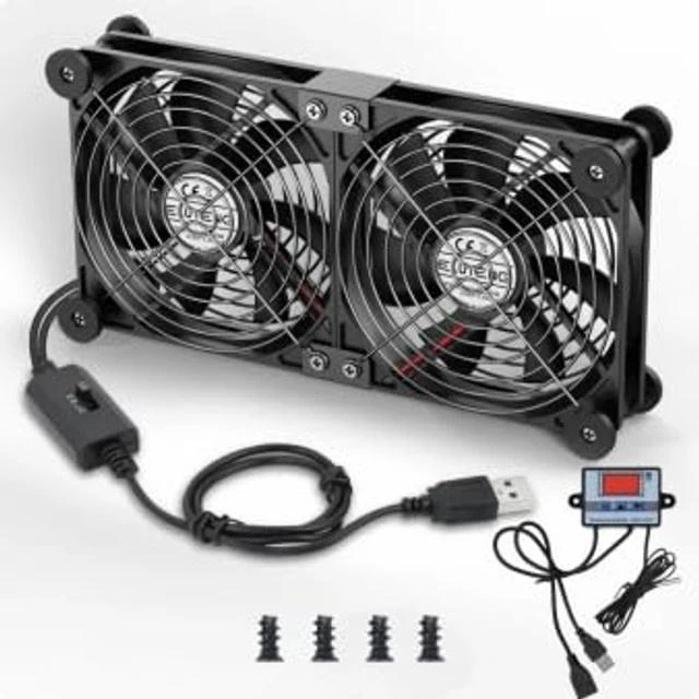 Main image of ELUTENG 140mm Dual USB Computer Fan with Temperature Controller Flow VR Blower for 3 Speed Control Max 1500RPM Cooling Ventilator with 8 Silicone Pads for Laptop/Receiver/DVR/Computer Cooling