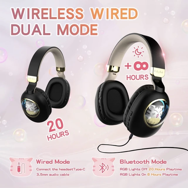 Alt view image 4 of 5 - Kids Bluetooth Headphones - Light Up Cat Over Ear Kids Wireless Noise Cancelling Headphones with Microphone for Kids for School Gaming Headset Headphones for IPad Kindle Tablet PC Travel (Black