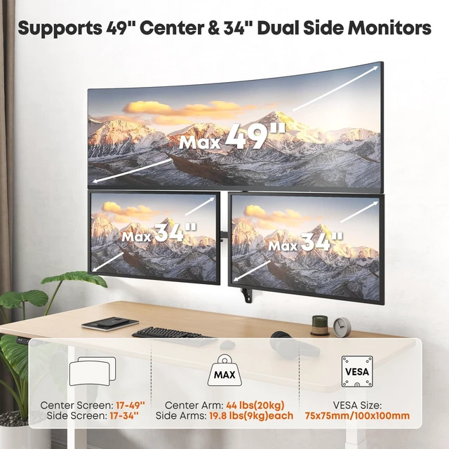 Alt view image 2 of 5 - PUTORSEN Triple Monitor Wall Mount for Up to 49" Screens, Holds 44 lbs