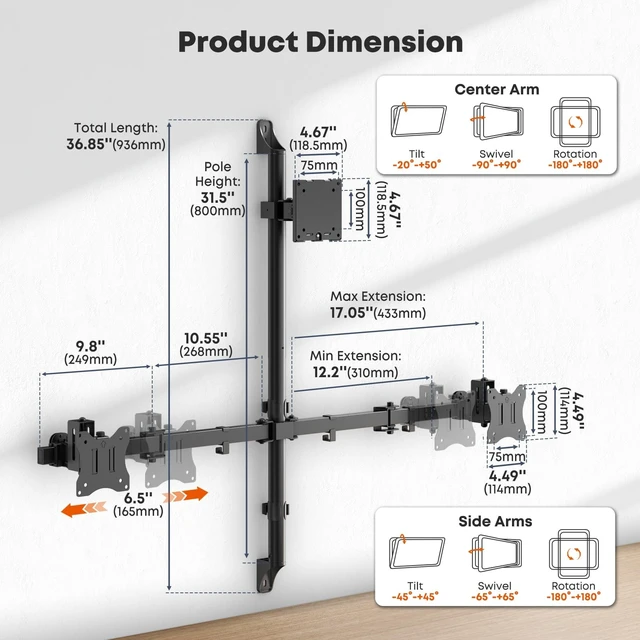 Alt view image 5 of 5 - PUTORSEN Triple Monitor Wall Mount for Up to 49" Screens, Holds 44 lbs