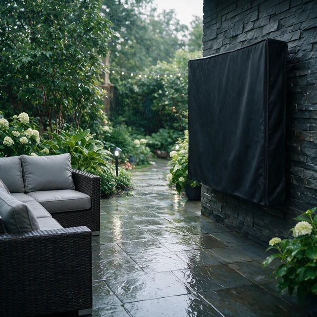 Alt view image 5 of 5 - Leather Outdoor Vinyl Fabric, Marine Faux Leather Waterproof & Weatherproof TV Cover with Roll Up Front, Zipper Closure & Remote Control Pocket, American Flag (Black Leather, TV 40-43")
