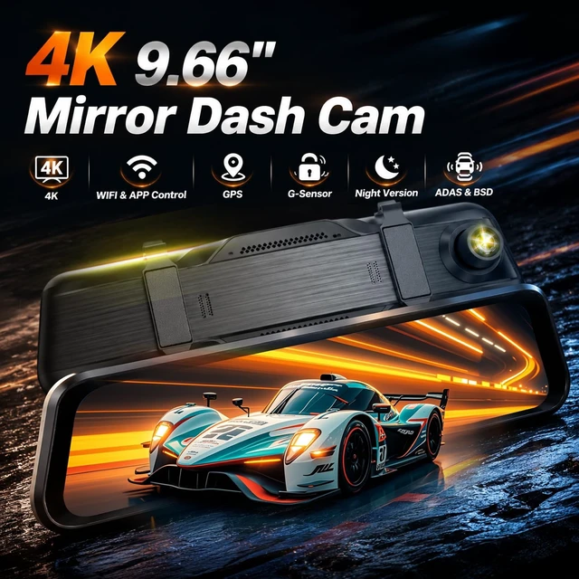 Alt view image 2 of 5 - Volxcereo 4K Mirror Dash Cam, 9.66 inch Touchscreen Rear View Mirror Camera