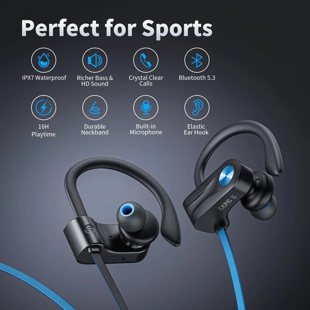 Alt view image 2 of 5 - JOYWISE Wireless Headphones Bluetooth 5.3 Headphones with 16 Hours Playtime, Over-Ear Stereo Bass Earphones with Earhooks Headset, Sports Earbuds with Storage Bag for Running, Blue
