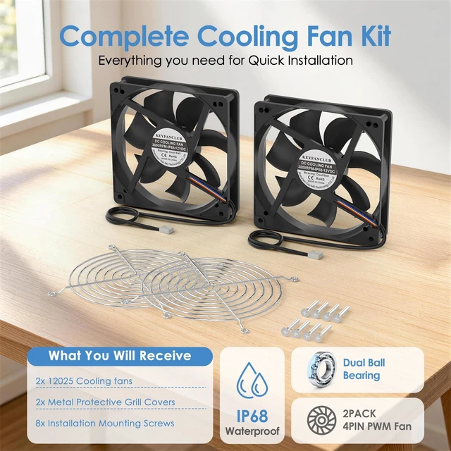 Alt view image 3 of 5 - IP68 Waterproof 12V DC 4-Pin PWM Cooling Fan 120mm x 25mm 2 Pack