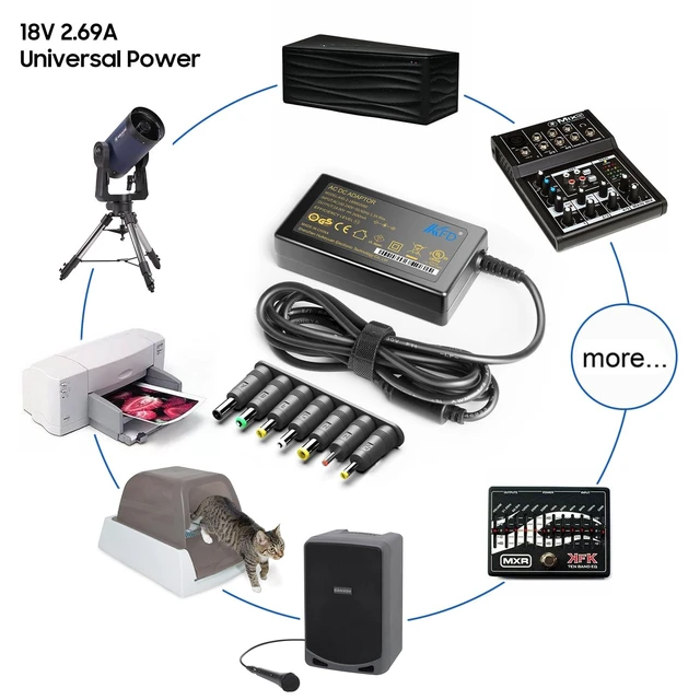 Alt view image 2 of 5 - KFD 18V Universal AC Power Charger DC 2.69A (2.5A/2A/1.5A/1A Compatible) Barrel DC Plug 5.5x2.1mm with 7 Tips 6.5x4.4mm/ 5.5x3.0mm/ 5.5x2.5mm/ 4.8x1.7mm/ 4.0x1.7mm/ 3.5x1.35mm/ 2.5x0.7mm Power Supply