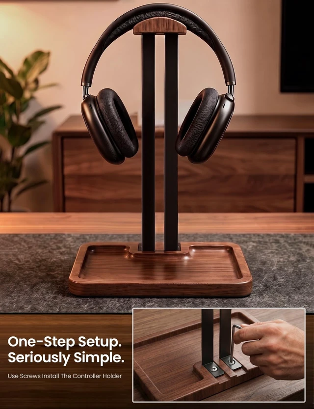 Alt view image 5 of 5 - LOXP Wooden Headphone Holder, Solid Stand with Non-Slip and Storage Base