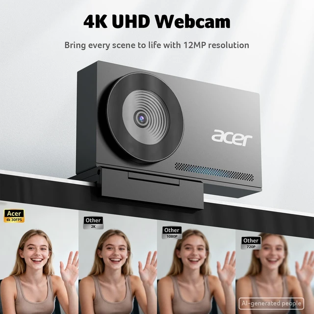Alt view image 3 of 5 - Acer 4K Webcam for PC/Mac with All-Metal Unibody Sculpted, Sony 1/2" Sensor, PDAF, 2 Noise Reduction Mics, Privacy Cover, Lightweight, Fast Cooling, Streaming Camera for Live Meeting Commerce Gamin