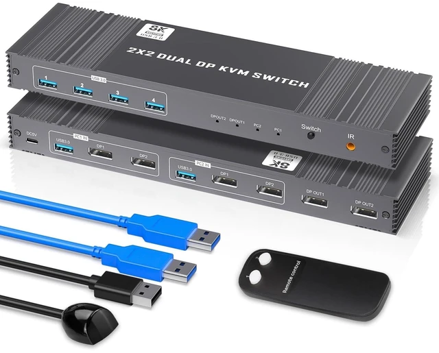 Main image of 8K Displayport KVM Switch 2 Monitors 2 Computers 4K@120Hz DP KVM Switches Dual Monitor for 2 PC Sharing 2 Monitor of 1 Set Keyboard Mouse and USB Device with IR Controller