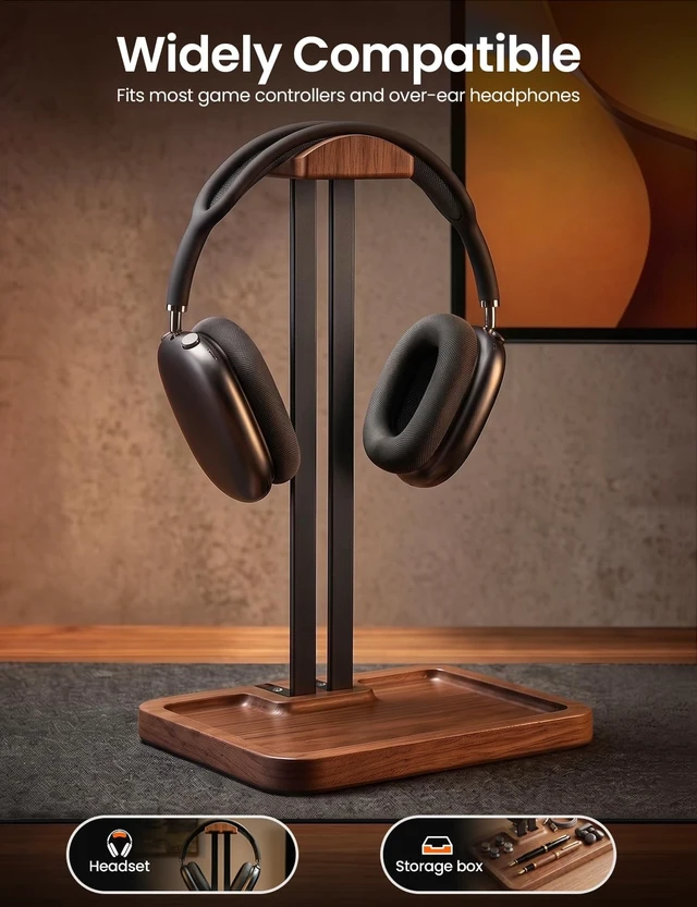 Alt view image 4 of 5 - LOXP Wooden Headphone Holder, Solid Stand with Non-Slip and Storage Base